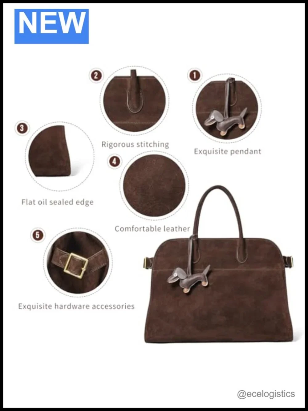 Genuine Suede Tote Bag for Women, Hand-Sewn Hobo Bag with Puppy Charm & Card